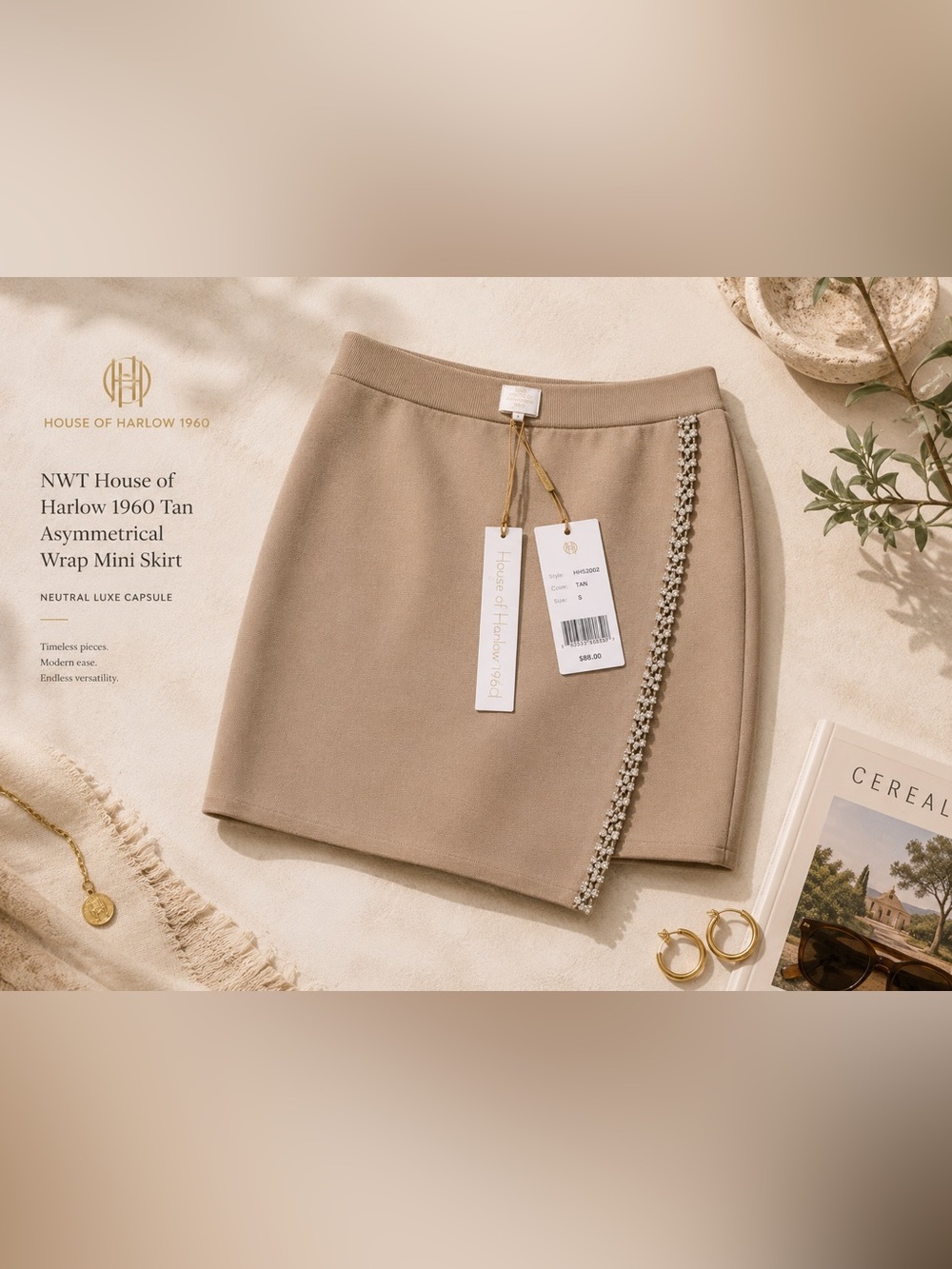 NWT House of Harlow 1960 Tan Asymmetrical Wrap Mini Skirt Neutral Luxe Capsule - Picture 3 of 9